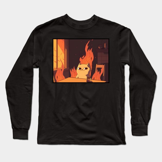 this is fine cat parody no text Long Sleeve T-Shirt by hunnydoll